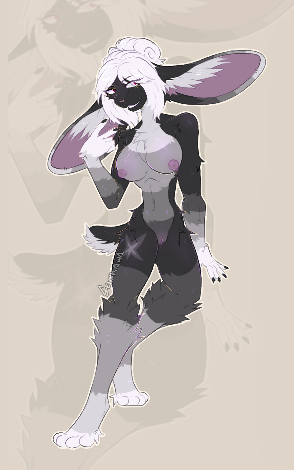 5:8 5_fingers anthro ashley_(huf13) black_body breasts clitoris domestic_rabbit erect_nipples female fingers genitals gesture hair hair_bun hand_gesture hi_res inner_ear_fluff keshioutcontext_(artist) lagomorph leporid lop_rabbit mammal nipples oryctolagus pussy rabbit red_eyes smile solo tuft v_sign white_hair