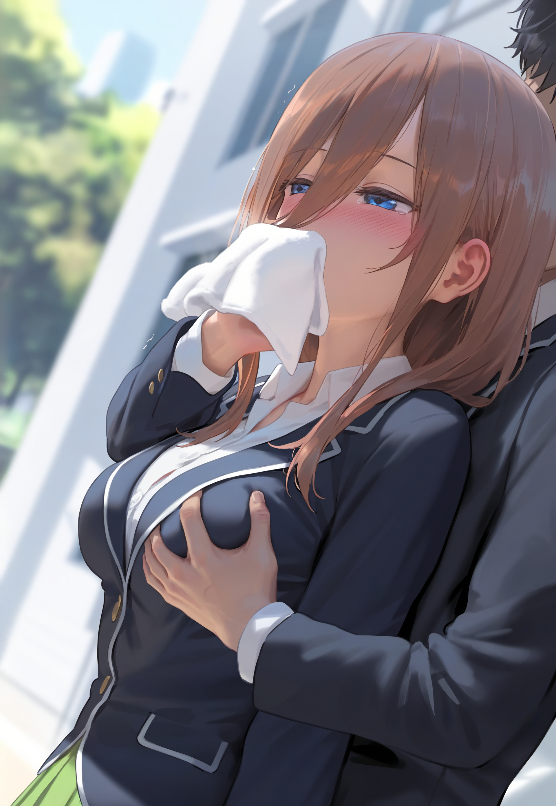ai generated, breasts, chloroform, drugged, eyes half open, falling asleep, female, go-toubun no hanayome, groping breasts, hair, nakano miku, smellshair