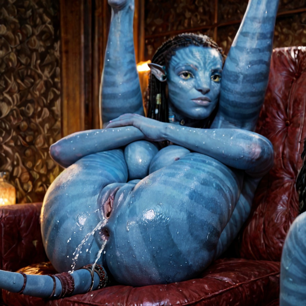 ai_generated asshole avatar avatar:_the_way_of_water black_hair blue_body blue_skin breasts female holding_legs huge_breasts hugging_legs long_hair na'vi neytiri nipples pussy squirting squirting_from_anal tail thanosdonginspector