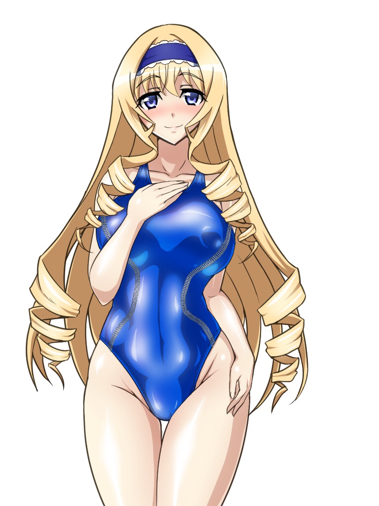 1girls big_breasts blonde_hair blue_eyes blush breasts busty cecilia_alcott child_bearing_hips covered_erect_nipples covered_navel drill_hair female female_only hairband half-closed_eyes hand_on_hip hand_on_own_chest infinite_stratos large_breasts legs long_hair looking_at_viewer one-piece_swimsuit seductive seductive_look seductive_smile smile solo swimsuit thighs voluptuous wide_hips yurizuku_owl