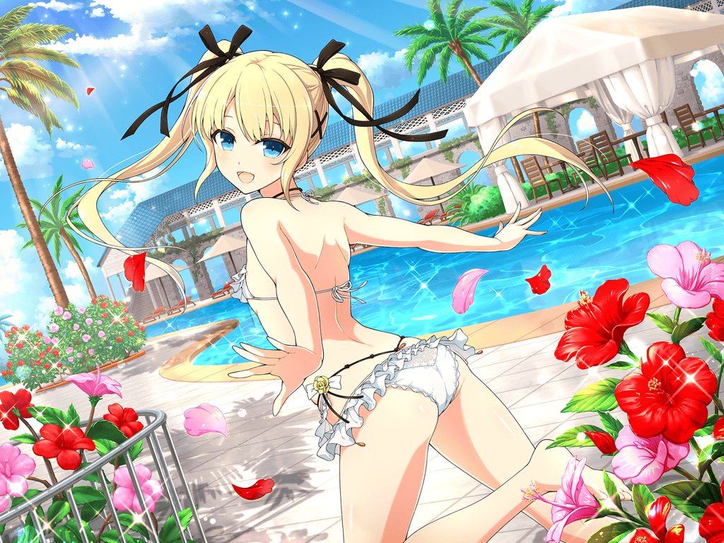 ass back bare_back bare_legs bare_thighs barefoot bikini bikini_skirt blonde_hair blue_eyes blush body_blush crossover dead_or_alive feet hair_ribbon long_hair marie_rose official_art one_leg_up open_mouth outdoors pool poolside senran_kagura_new_link shiny_skin shoulder_blades small_breasts smile spaghetti_strap standing thighs toes twintails water white_bikini yaegashi_nan