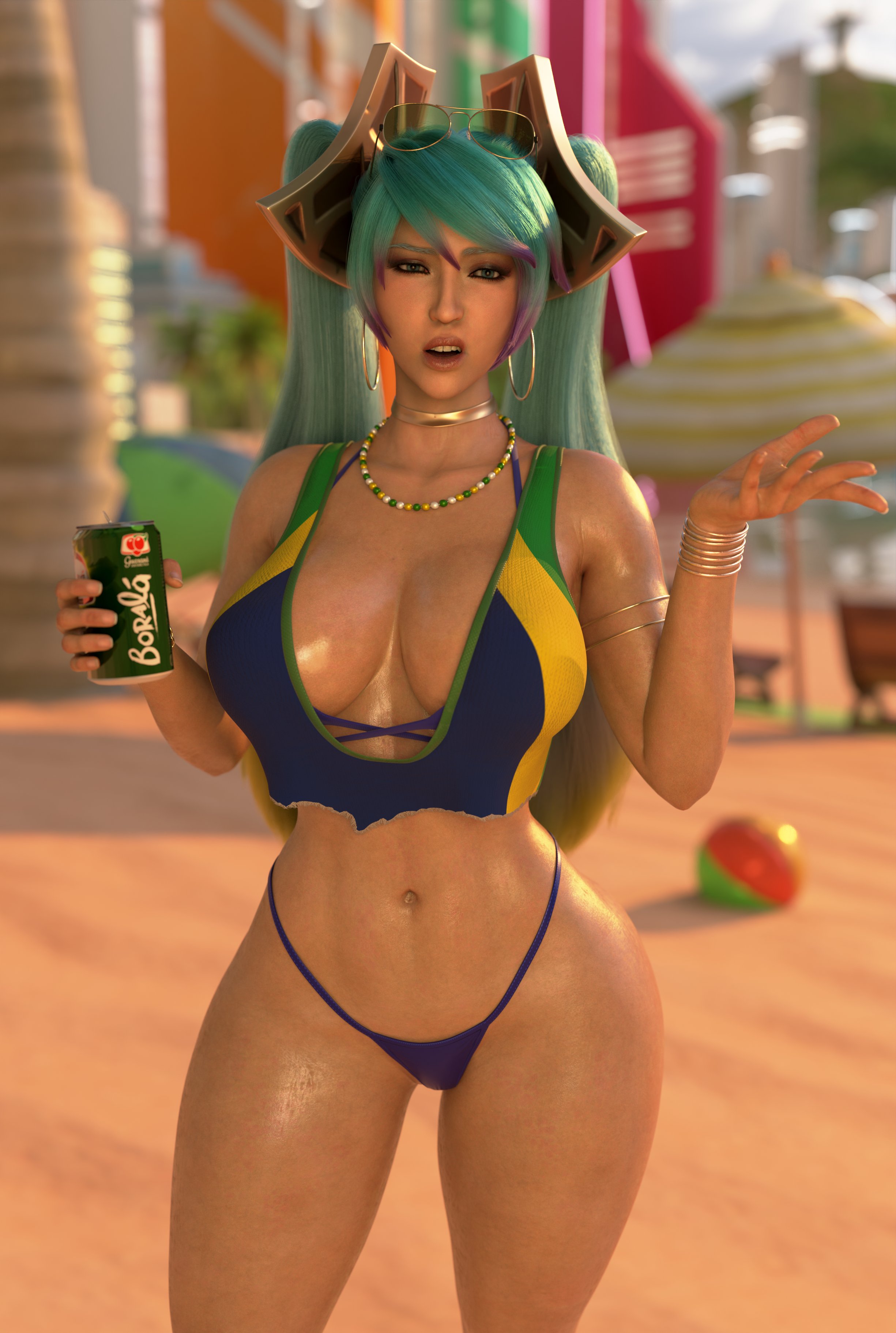 1girls, 3d, beach, bikini, blue hair, brazil, brazilian, breasts, chaunguyen, female, huge breasts, latin american hatsune miku (meme), league of legends, league of legends: wild rift, light skin, light-skinned female, looking at viewer, meme reference, soda can, solo, solo female, solo focus, sona buvelle, sunglasses on head, thick legs, thick thighs, thighs, topwear, twintails