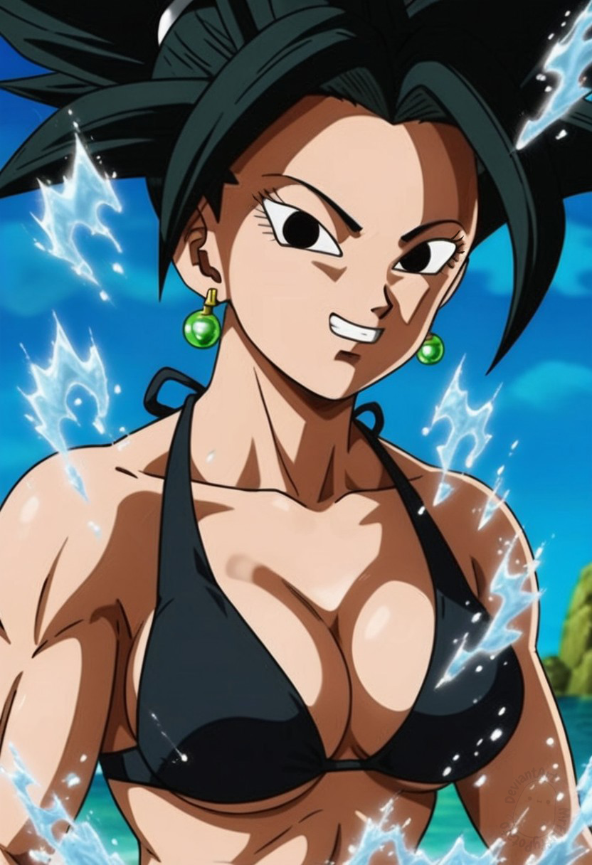 ai_generated bikini breasts cleavage dragon_ball_super kefla kefla_(dragon_ball) mrfluffypotato ponytail saiyan summer tied_hair