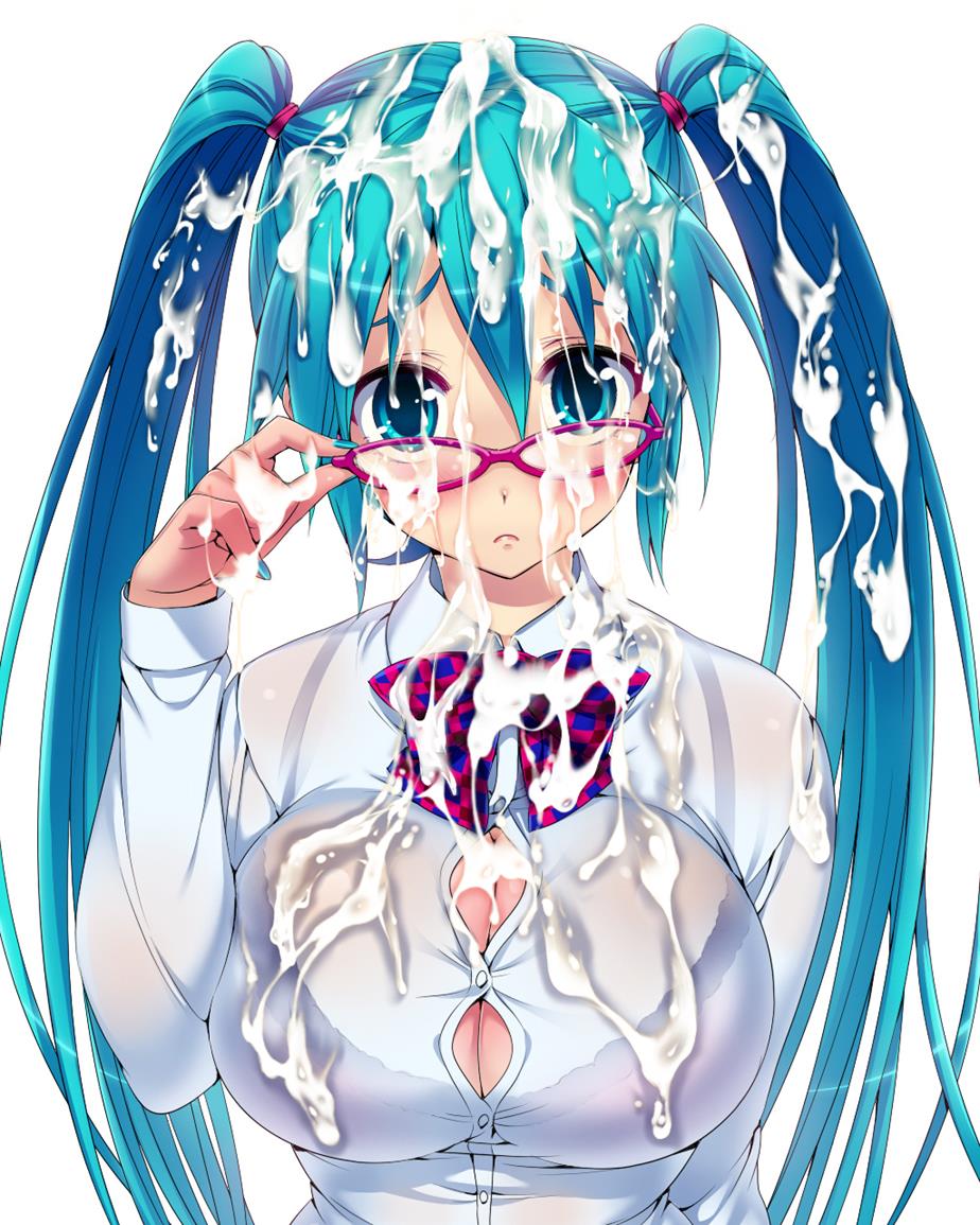 :<, 1girl, adjusting eyewear, aqua eyes, aqua hair, artist request, bespectacled, black bra, blush, bow, bowtie, bra, bra visible through clothes, breasts, bukkake, bursting breasts, button gap, cleavage, cum, cum between breasts, cum everywhere, cum in clothes, cum in hair, cum on body, cum on breasts, cum on clothes, cum on hair, facial, female, glasses, hatsune miku, hisashi, hisashi (nekoman), large breasts, long hair, looking at viewer, nail polish, pink-framed eyewear, see-through, shirt, simple background, solo, twintails, underwear, upper body, very long hair, vocaloid, white background