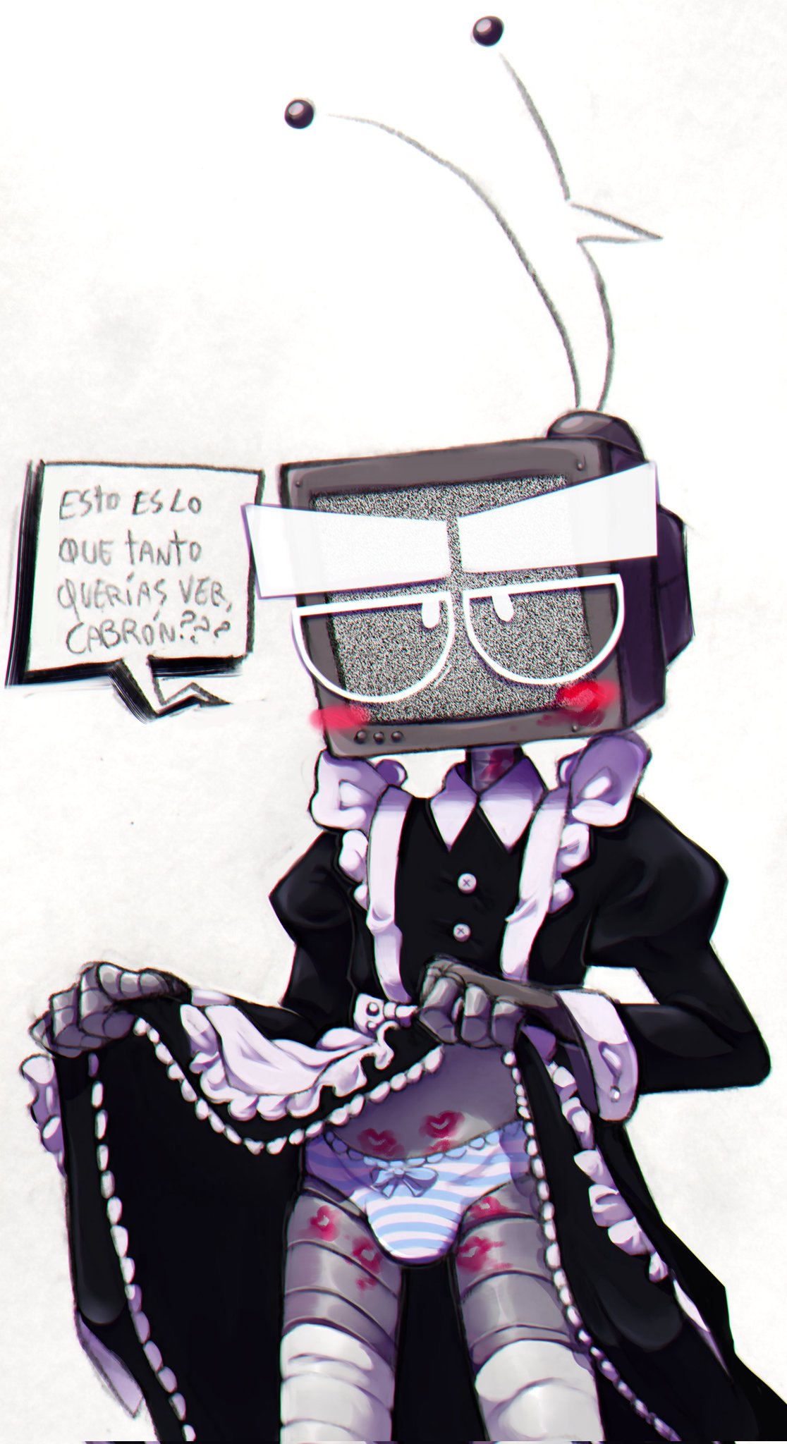 blush blushing_face blushing_male el_ultimo_tvnauta hispanic_male hispanic_youtuber lipstick_mark lipstick_marks maid maid_outfit maid_uniform male_focus male_maid male_only mexican mexican_male oskill_(artist) robot_boy skirt_lift spanish_text text_bubble tv_head tv_head_robot tv_nauta tvnauta youtube youtube_hispanic