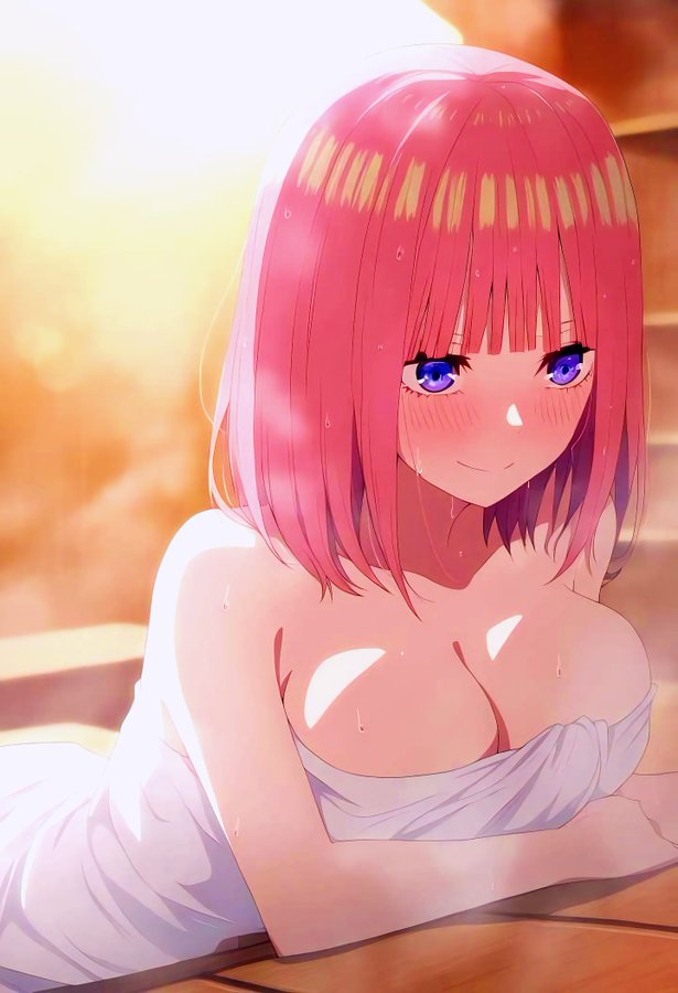blush, breasts, busty, female, go-toubun no hanayome, nakano nino, pink hair, towel only