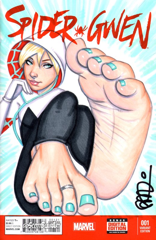 barefoot_under_trousers blonde_female blonde_hair blue_toenail_polish blue_toenails feet feet_fetish feet_focus feet_up foot_fetish gwen_stacy marvel marvel_comics pinched_toes scott_blair spider-gwen spider-man_(series) superhero superheroine tease toe_ring toes toes_scrunch