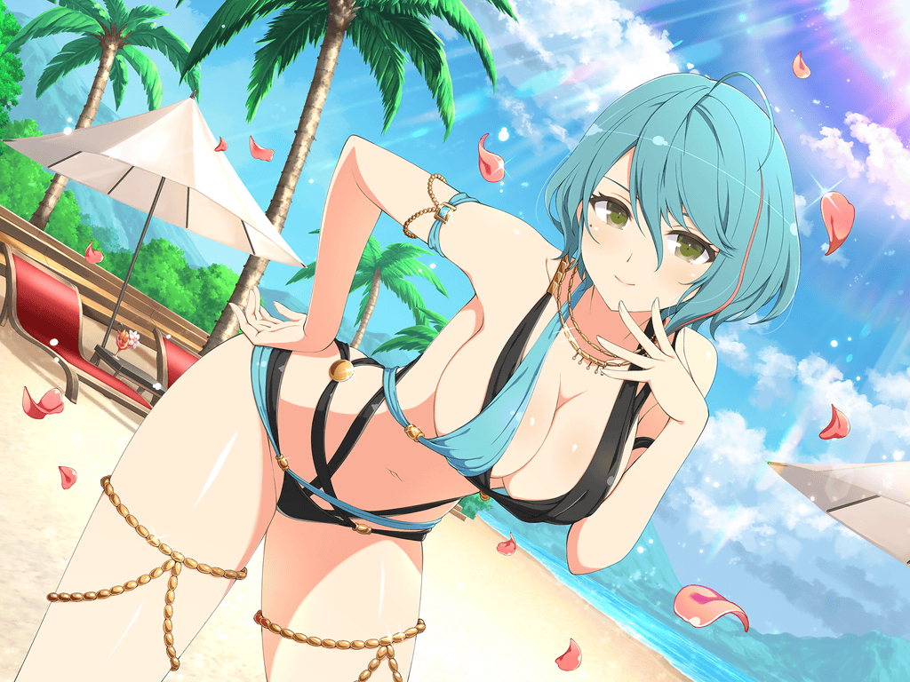 ahoge ass_visible_through_thighs bare_arms bare_belly bare_legs bare_shoulders bare_thighs beach belly_button big_breasts bikini blue_hair blush body_blush breasts chains cleavage closed_mouth collarbone crossover dead_or_alive green_eyes hand_on_own_hip mole mole_under_eye necklace official_art outdoors senran_kagura_new_link shiny_skin short_hair sideboob smile standing tamaki_(doa) thigh_strap thighs two-tone_bikini water yaegashi_nan