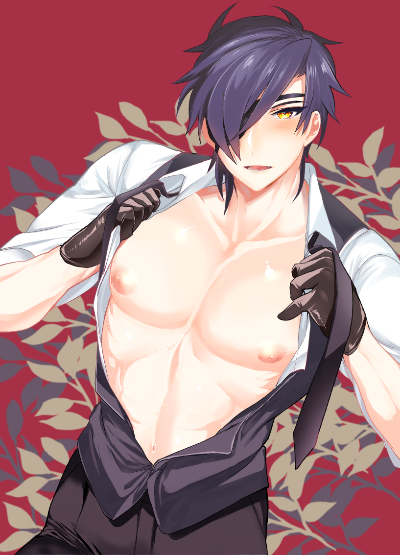 1boy abs eye_patch male_only nipple pecs shokudaikiri_mitsutada solo touken_ranbu undressing