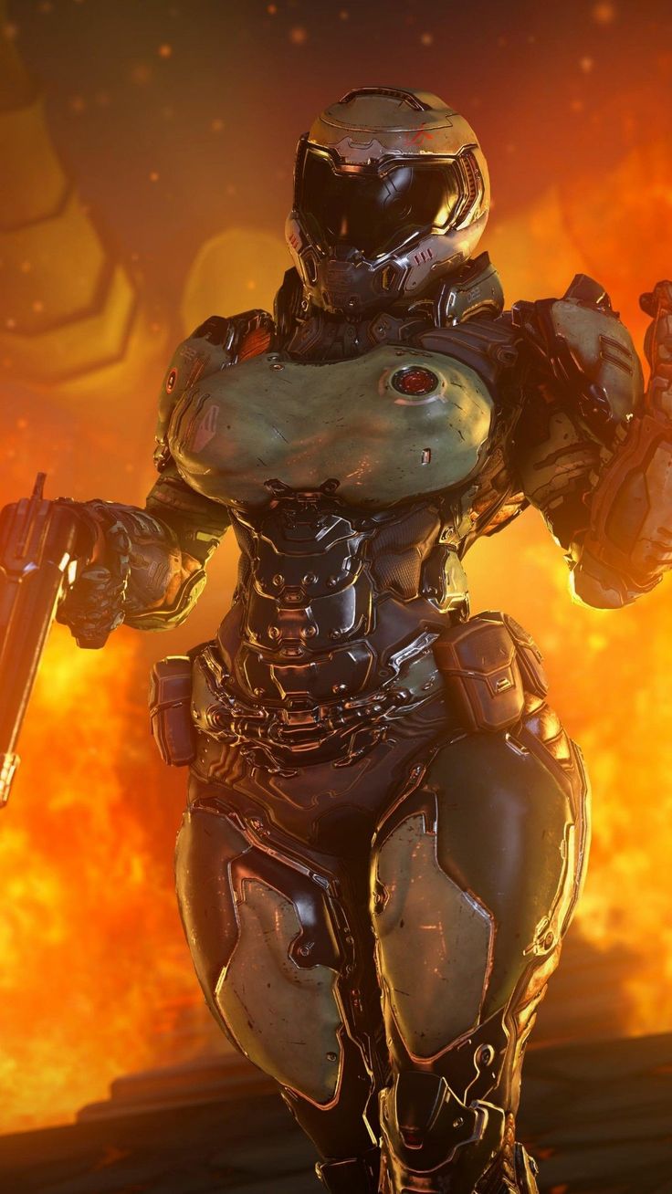 1girls 3d armor artist_request curvy doom doom_eternal doom_slayer_(doom) doomgirl doomguy female female_only legs_together medium_ass medium_breasts rule_63 shotgun solo_female