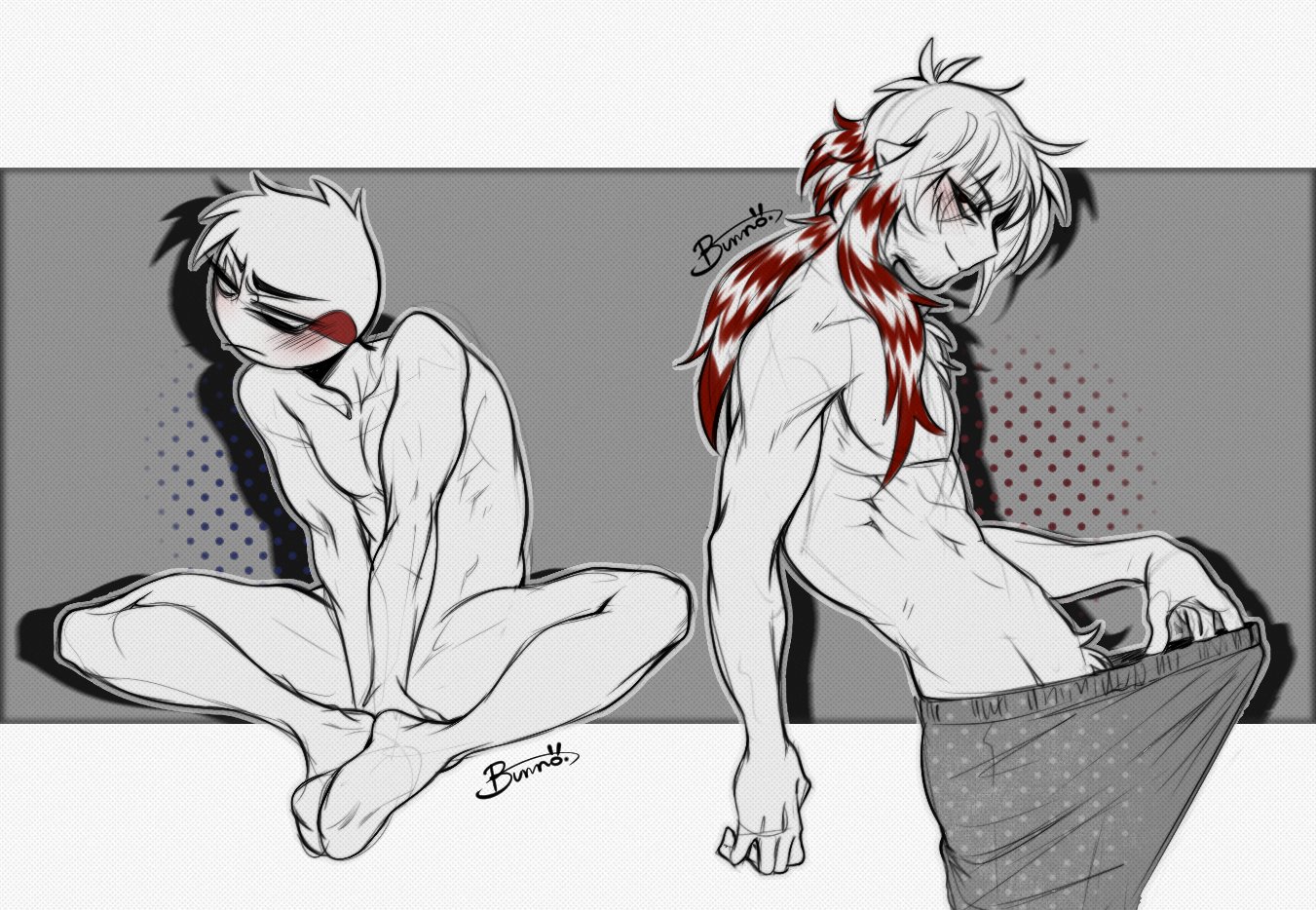 2boys, boy on boy, broken colors, damon (broken colors), delivery guy (broken colors), gay, little bunno, long hair, male, no nude, no visible genitalia, pinup, toony face, yaoi