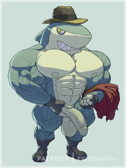 anthro balls bara big_muscles big_penis flaccid indy_jaws male male_only muscles muscular nude penis ripped-saurian shark solo solo_male sweat sweating yo-kai_watch