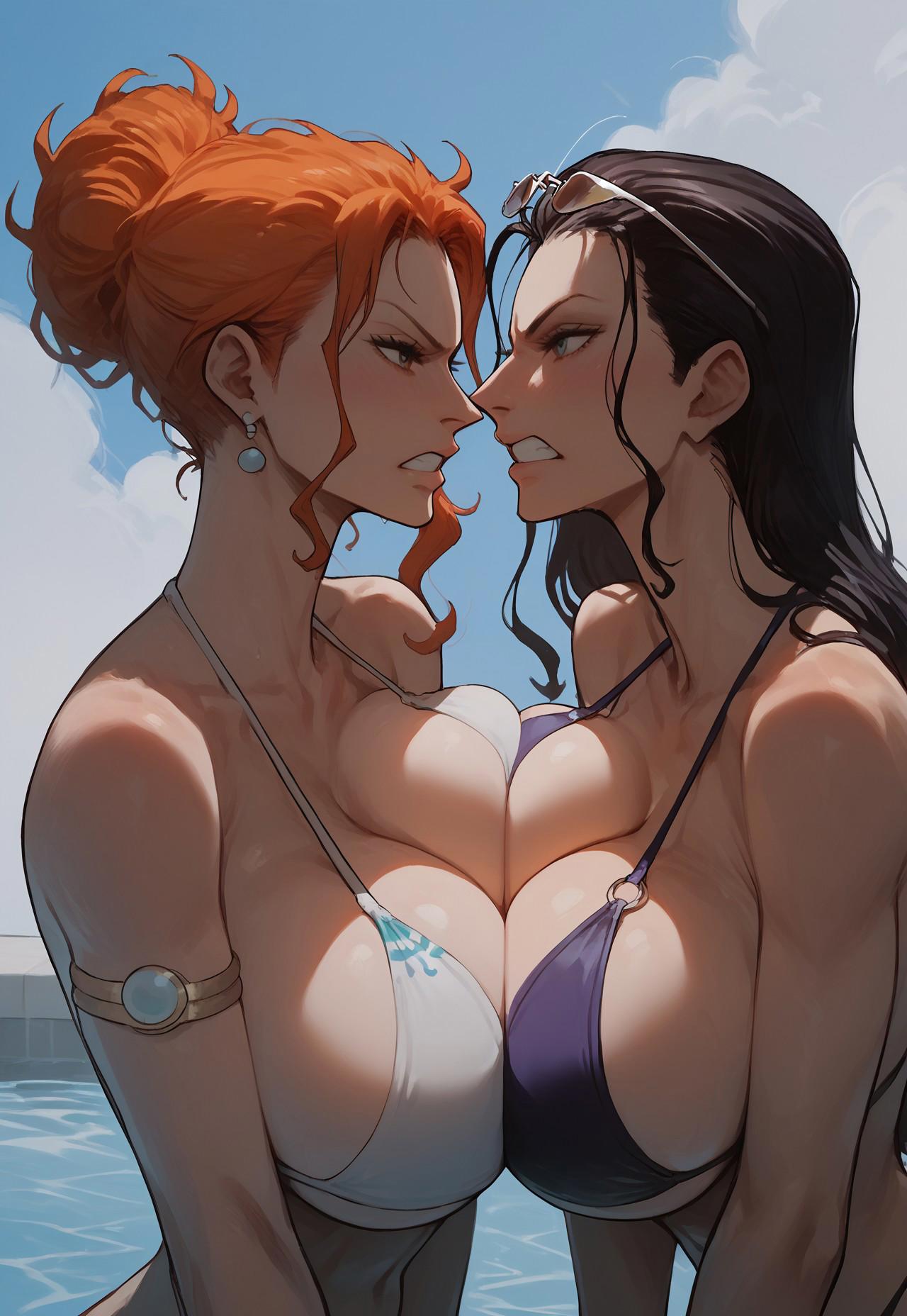 2girls ai_generated angry angry_face big_breasts bikini black_hair breast_press civitai close-up female female_only looking_at_another nami nami_(one_piece) nico_robin one_piece orange_hair stable_diffusion suckeryes teeth