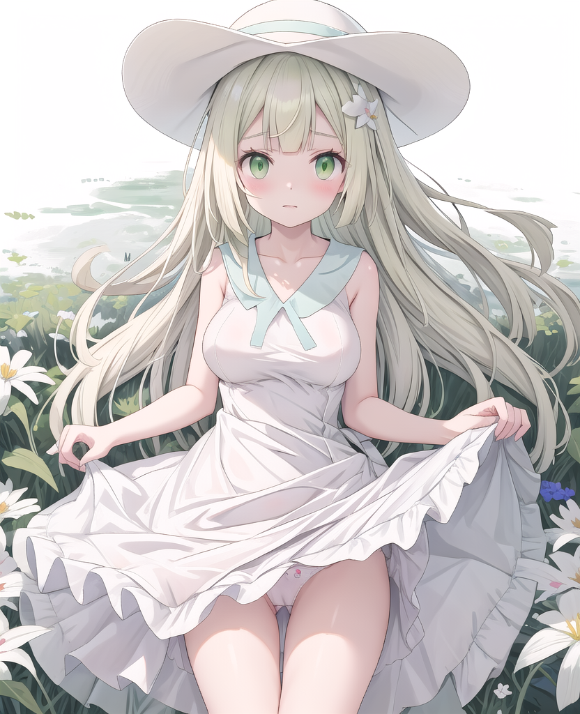 ai_generated big_breasts blonde_hair dress dress_lift dress_lifted_by_self flower green_eyes lillie_(pokemon) long_hair nervous panties pantyshot pokemon sun_hat tensor_art white_dress