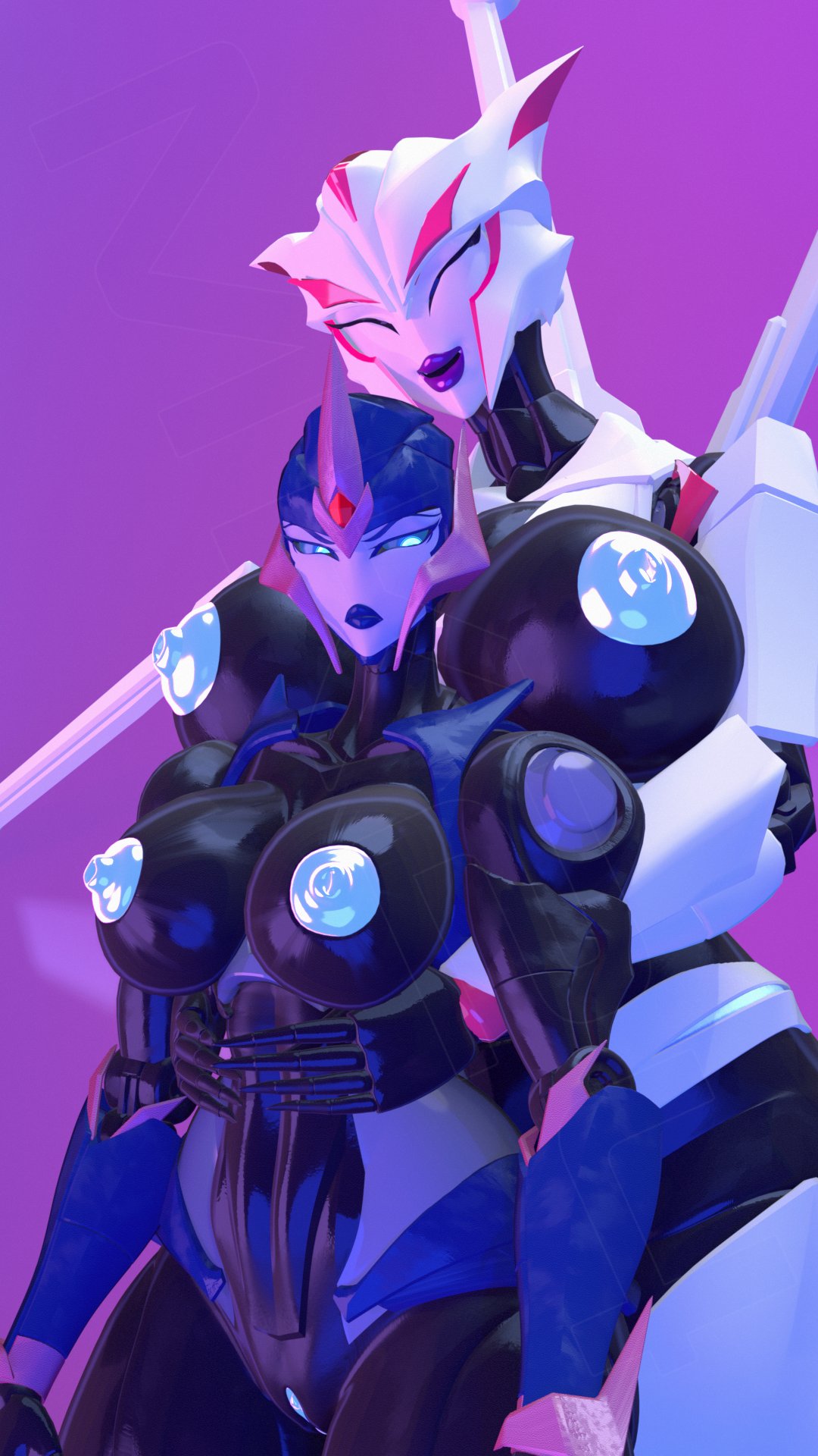 2girls 2robot_girls 3d 3d_(artwork) airachnid alternate_color annoyed annoyed_expression arcee arcee_(prime) big_breasts bimbo blue_eyes breasts closed_eyes female female_only light_persona madkatz8 multiple_girls nipples no_bra purple_lips robot_humanoid shattered_glass shiny_nipples size_difference tagme transformers transformers_prime