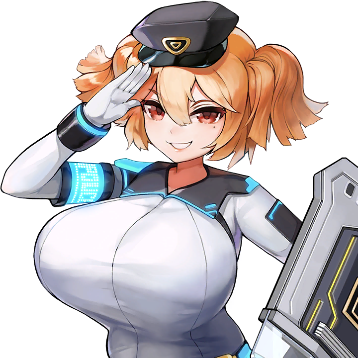 arm_band armband bracelet breasts_bigger_than_head cerberus_(last_origin) color female female_focus female_only game_cg gloves hair_between_eyes hat holding_shield huge_breasts last_origin looking_at_viewer mole mole_under_eye orange_hair police police_hat police_officer police_uniform policewoman red_eyes salute short_hair short_twintails sima_(startwitch) smile smiling smiling_at_viewer teeth teeth_showing tight_clothing tight_uniform transparent_background twintails uniform upper_body white_gloves white_uniform