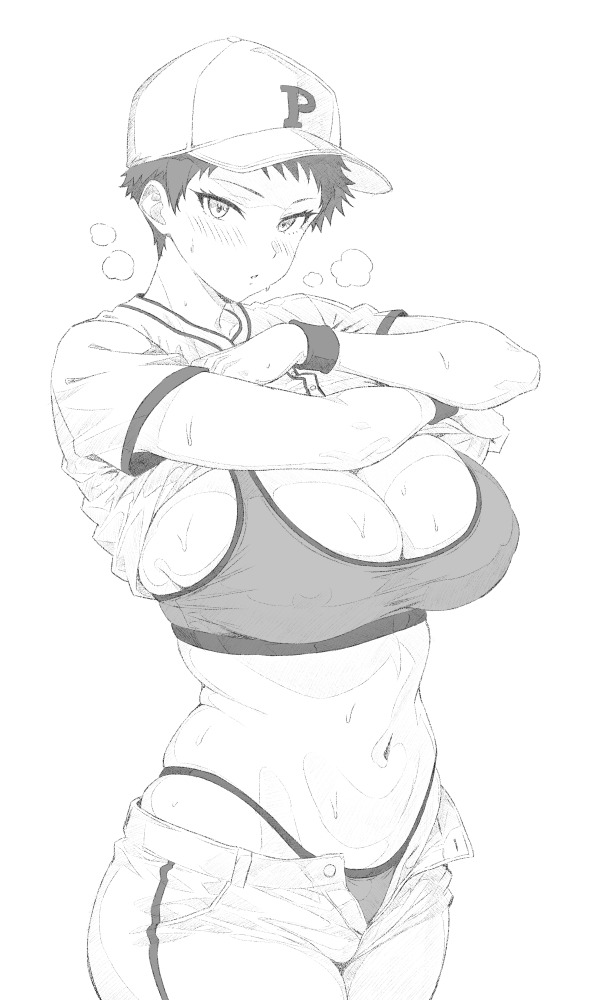 1girls, abs, baseball cap, baseball uniform, big breasts, blush, breasts, cleavage, large breasts, monochrome, navel, original, panties, pants pull, ranhatu, shirt lift, short hair, solo, sports bra, steam, steaming body, sweat, sweaty body, thong, tomboy, unbuttoned, unbuttoned pants, underwear, very short hair, wide hips