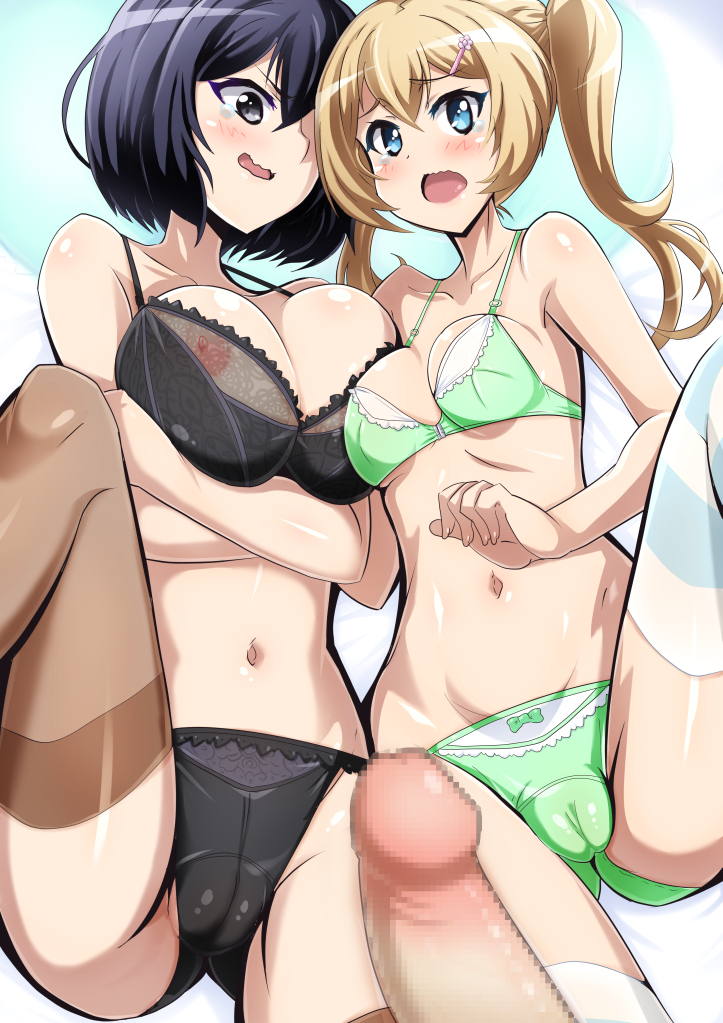 2girls black_bra black_panties blonde_hair blue_eyes bow bow_panties bra breasts cameltoe censored cleavage green_bra green_panties joukamachi_no_dandelion large_breasts long_hair mosaic_censoring multiple_girls nami_makoto navel nipples panties penis purple_eyes purple_hair sakurada_kanade satou_hana see-through striped striped_legwear tears thighhighs tied_hair twintails underwear wavy_mouth