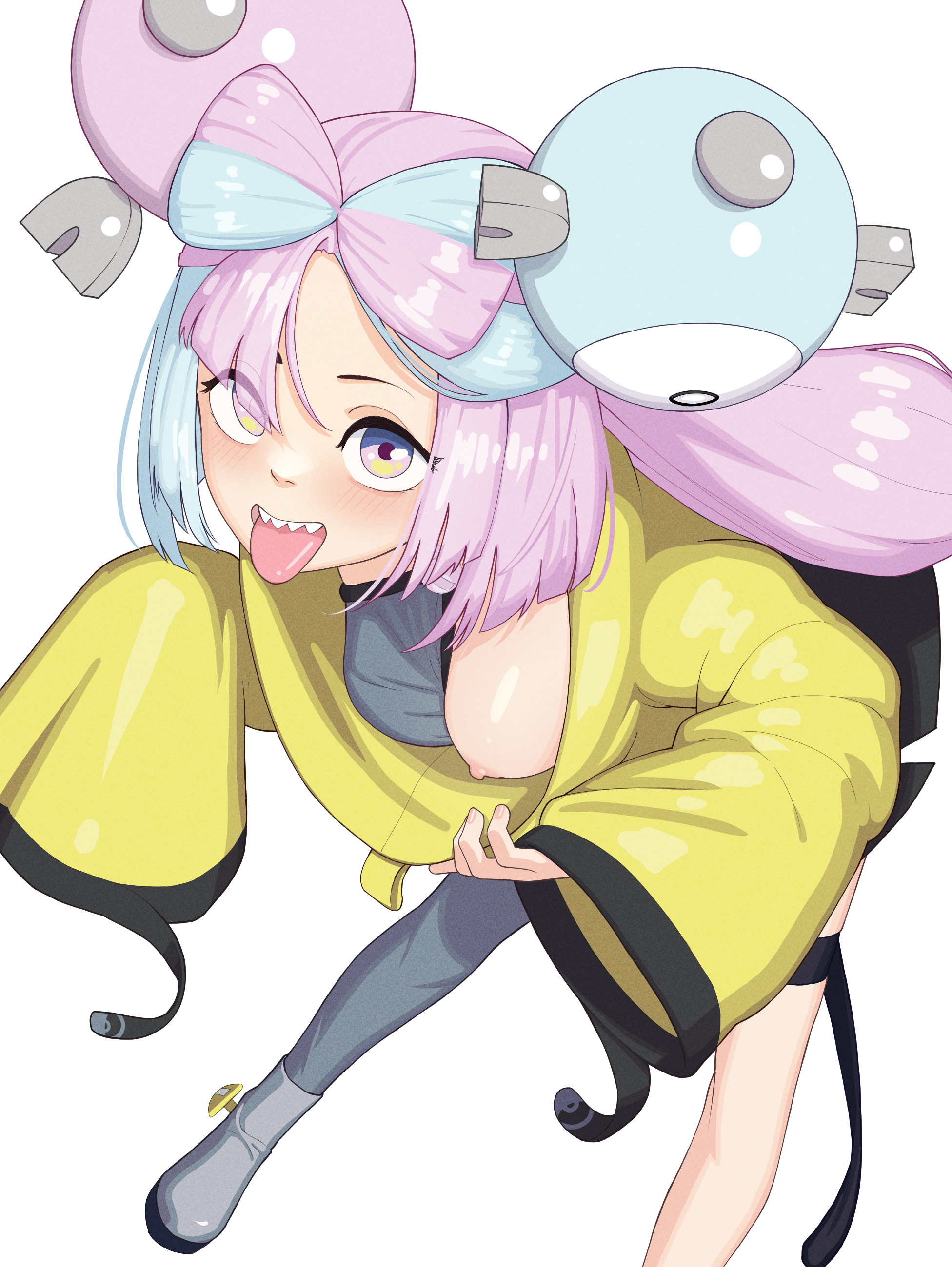 1girls, big breasts, breasts, female, female only, iono (pokemon), large breasts, multicolored hair, nintendo, pink hair, pokemon, pokemon sv, single thighhigh, solo, takita (morokosi8), thighhighs, two-tone hair