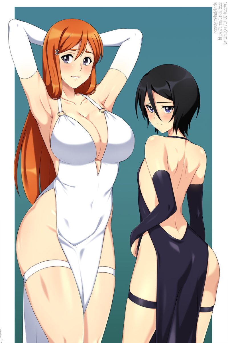 2girls black_hair bleach female female_only height_difference inoue_orihime kuchiki_rukia lindaroze multiple_girls orange_hair purple_eyes