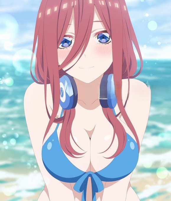 bikini, bikini bottom, bikini top, breasts, brown hair, busty, female, go-toubun no hanayome, nakano miku, swimsuit, swimwear