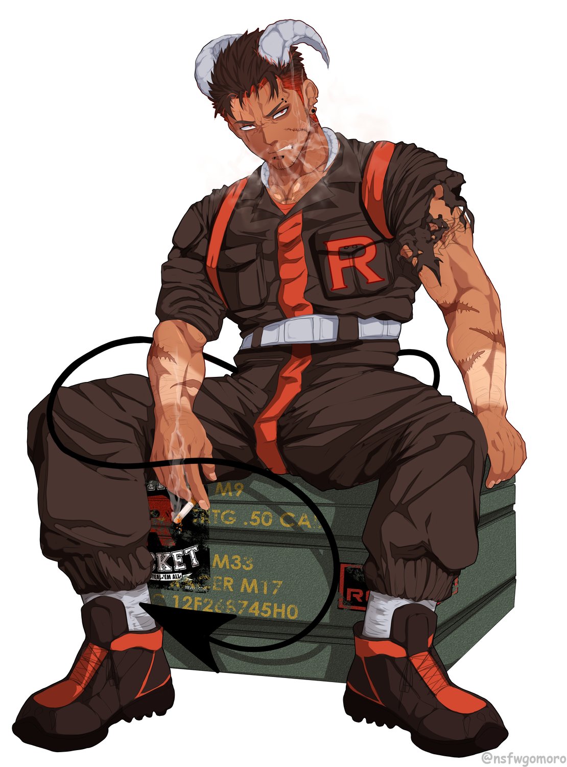 angry angry_face beefy black_hair cigarette cigarette_smoke earring eyebrow_piercing gijinka gomoro hot_man houndoom hunk jumpsuit male male_only manspreading muscular muscular_male orange_eyes pissed_off pokemon pokemon_(species) red_orange_highlights ripped_ear ripped_sleeves scar_on_face scars scars_on_arm scruffy scruffy_beard smoke_from_mouth smoke_from_nose snakebite_piercing snakebites solo_male tan_skin tattoo_on_arm team_rocket_uniform