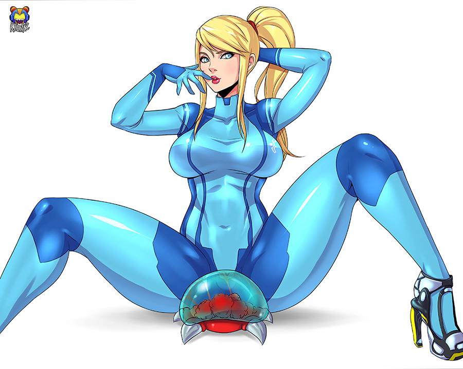 blonde hair, blue eyes, bodysuit, breasts, clothed, female, fully clothed, high heels, kyoffie, lips, looking at viewer, metroid, metroid (creature), nintendo, ponytail, samus aran, shiny clothes, simple background, sitting, spread legs, tied hair, tight clothing, zero suit, zero suit samus