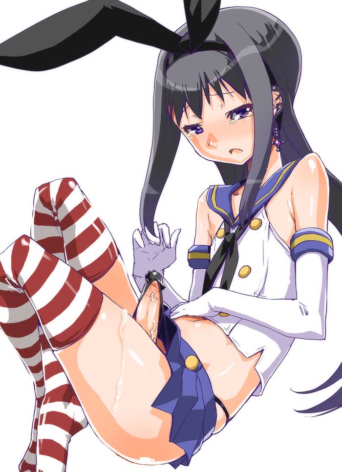 1boy akemi_homura ass balls_in_panties black_hair elbow_gloves erection erection_under_clothes erection_under_skirt gloves hair hair_ribbon jewelry kantai_collection large_ass long_hair mahou_shoujo_madoka_magica mahou_shoujo_madoka_magica_movie male male_only midriff miniskirt navel open_mouth panties panty_bulge penis penis_in_panties penis_under_clothes penis_under_skirt precum purple_eyes ribbon shimakaze_(kantai_collection) shimakaze_(kantai_collection)_(cosplay) shinama simple_background single_earring skindentation skirt skirt_lift solo striped striped_legwear tears tenting underwear white_background