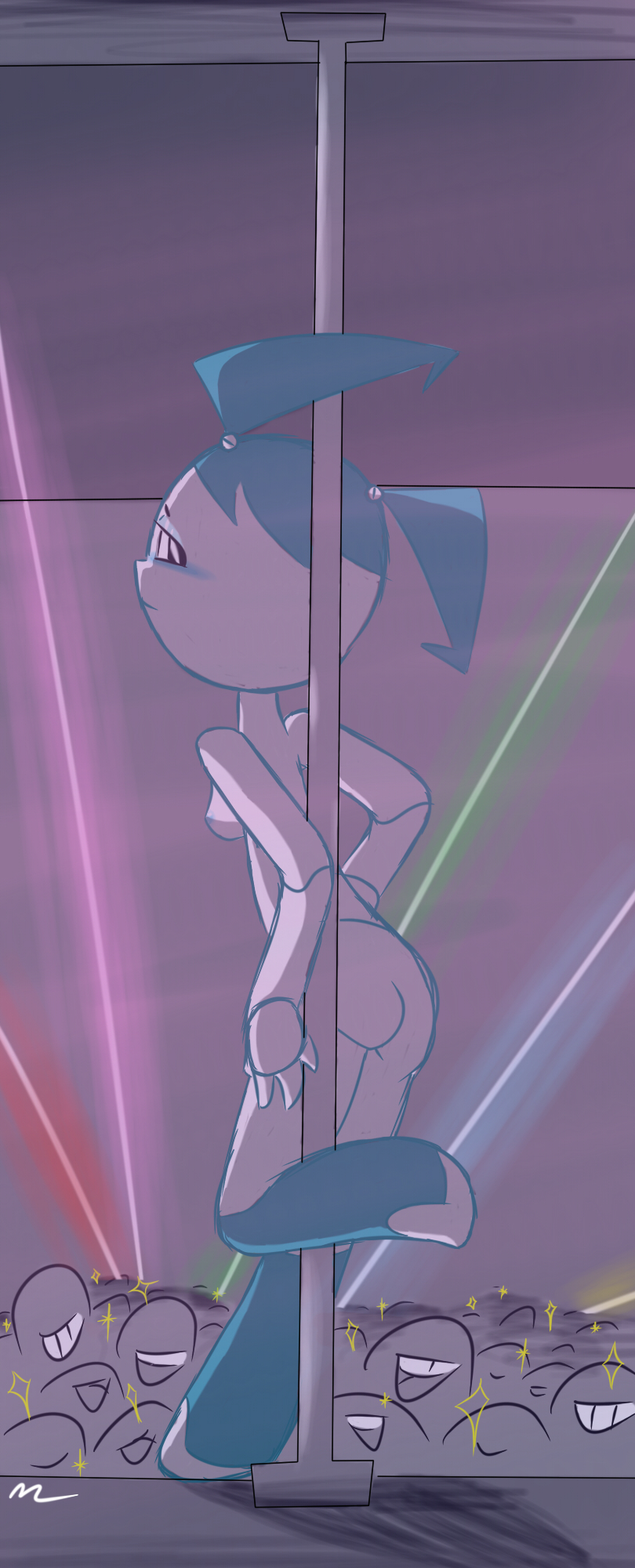 1girls ass blush crowd female gynoid jenny_wakeman looking_at_viewer machine mrmilky my_life_as_a_teenage_robot nipples robot smooth_skin stripper_pole teasing