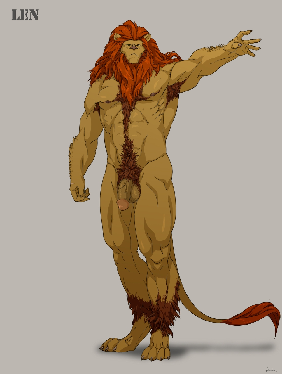 1boy anthro balls body_hair chest_tuft circumcised feline full-length_portrait full_length fur furry furry_only happy_trail kfutaba lion male male_only mammal mane muscles muscular nude penis portrait pose shrunken_head solo standing tuft