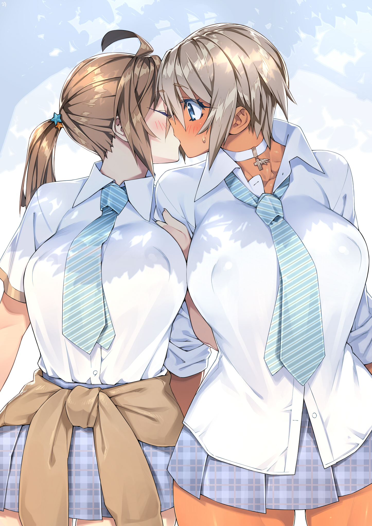 2girls, blonde hair, blouse, blue eyes, blush, breasts, brown hair, choker, collared blouse, collared shirt, dark skin, dark-skinned female, erect nipples, female, female only, kissing, large breasts, muscular, muscular female, nipples, original, ponytail, school uniform, sela (sela god), sela god, shirt, short hair, skirt, tie, tied hair, ursula (sela god), yuri