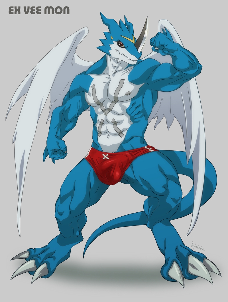 1boy abs anthro anthrofied biceps big_muscles blue_body bulge claws clothing digimon dragon exveemon facial_markings fangs front_view full-length_portrait full_length furry furry_only horn kfutaba looking_at_viewer male male_only markings muscles pecs penis_outline pinup portrait pose red_eyes scalie solo speedo standing swimsuit wings xbuimonsama