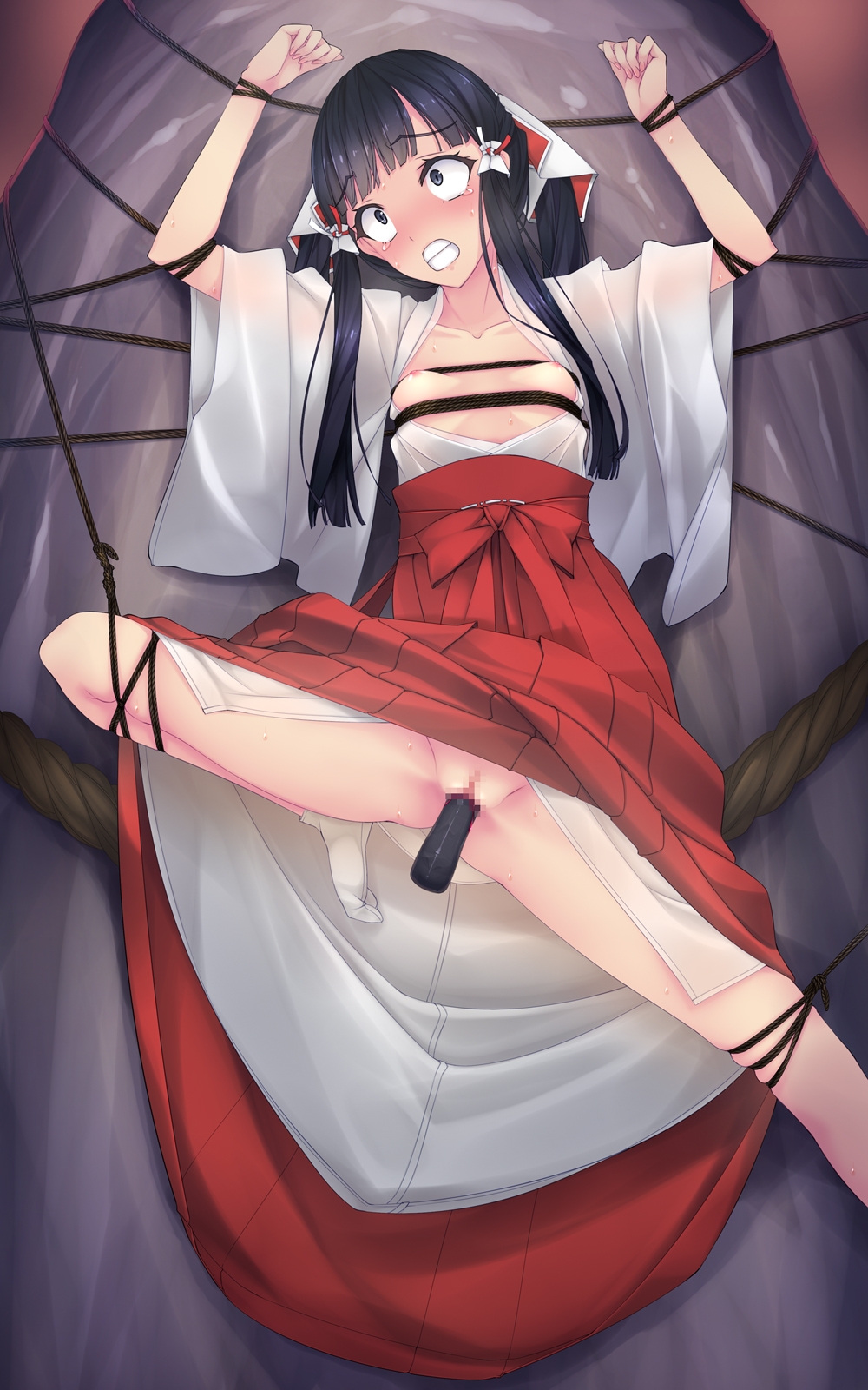 arms_up bangs black_eyes black_hair blood blunt_bangs blush bondage bound_wrists breasts censored clenched_teeth dildo f-ism female hair_ornament hakama highres japanese_clothes kimono leg_lift long_hair miko murakami_suigun nipples open_clothes open_kimono open_mouth original pussy rope see-through solo spread_legs sweat tears tied_hair twintails virgin wet wet_clothes wide_eyed wide_sleeves