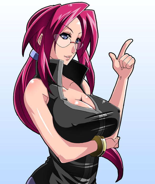 1girls, blue eyes, bracelet, breasts, cleavage, elite four, female, female only, glasses, hair tie, human, human only, large breasts, long hair, lorelei (pokemon frlg), lorelei (pokemon), nintendo, nipples, nipples visible through clothing, pink hair, pokemon, pokemon frlg, pokemon lgpe, pokemon rgby, red hair, solo