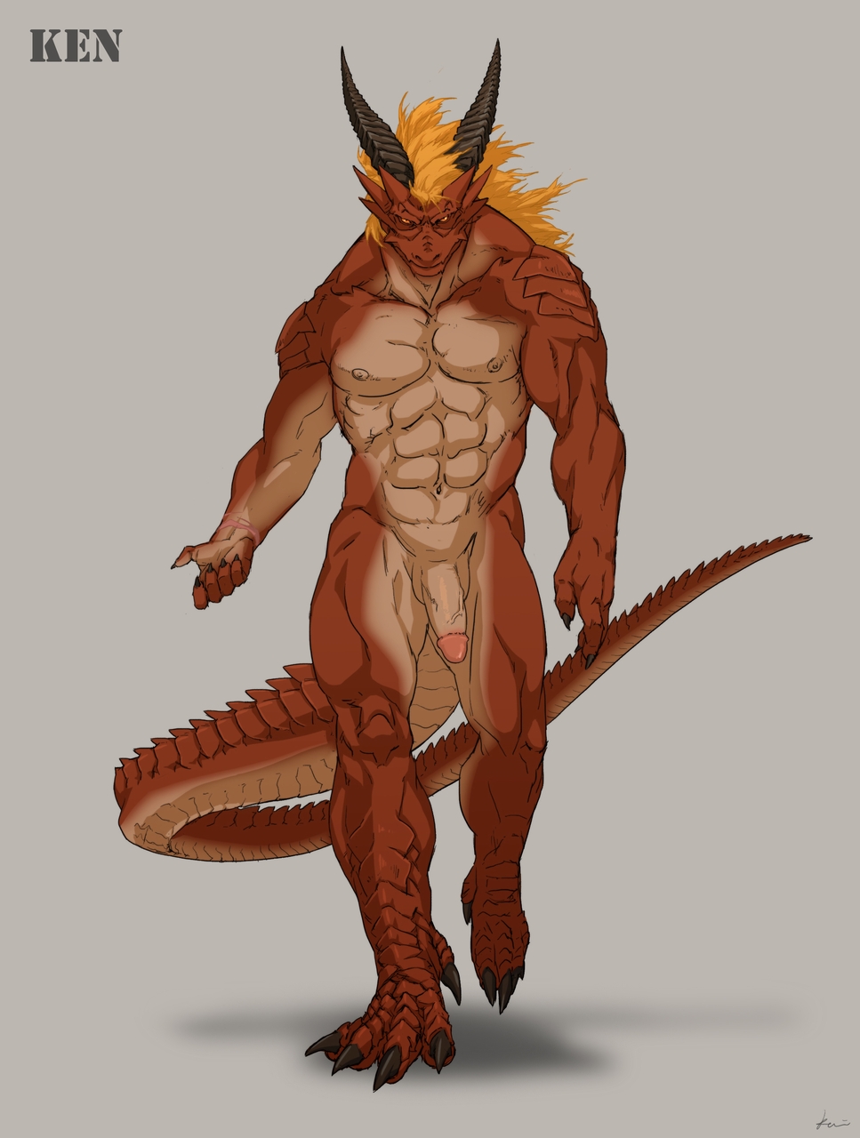 1boy anthro balls demon dragon flaccid full-length_portrait full_length horn horns kfutaba lizard looking_at_viewer male male_only monster muscles muscular nude penis portrait reptile scalie solo standing