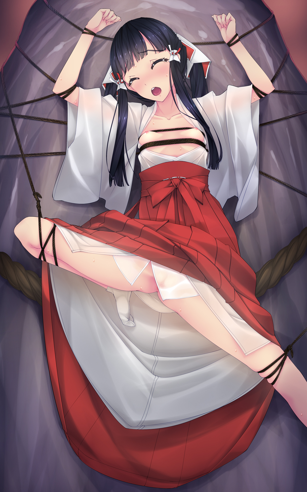 arms_up bangs black_hair blunt_bangs blush bondage bound_wrists breasts censored closed_eyes f-ism female hair_ornament hakama hakama_lift highres japanese_clothes kimono leg_lift long_hair miko murakami_suigun nipples open_clothes open_kimono open_mouth original pussy rope see-through solo spread_legs sweat tears tied_hair twintails wet wet_clothes wide_sleeves