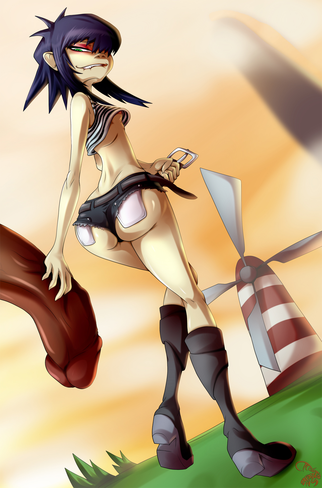 1boy, 1girls, ass, big ass, big penis, biting lip, breasts, cicada, daisy dukes, dark skin, dark-skinned male, eyeshadow, female, gorillaz, hair over one eye, hourglass figure, interracial, looking back, makeup, male, nipples, noodle (el manana), noodle (gorillaz), penis, sideboob, small breasts, underboob