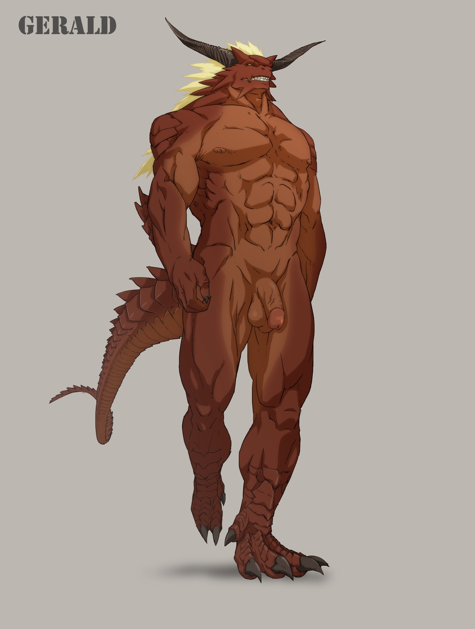 balls demon dragon flaccid full-length_portrait full_length grin horn horns kfutaba lizard looking_at_viewer male male_only monster muscles muscular nude penis portrait reptile scalie solo standing