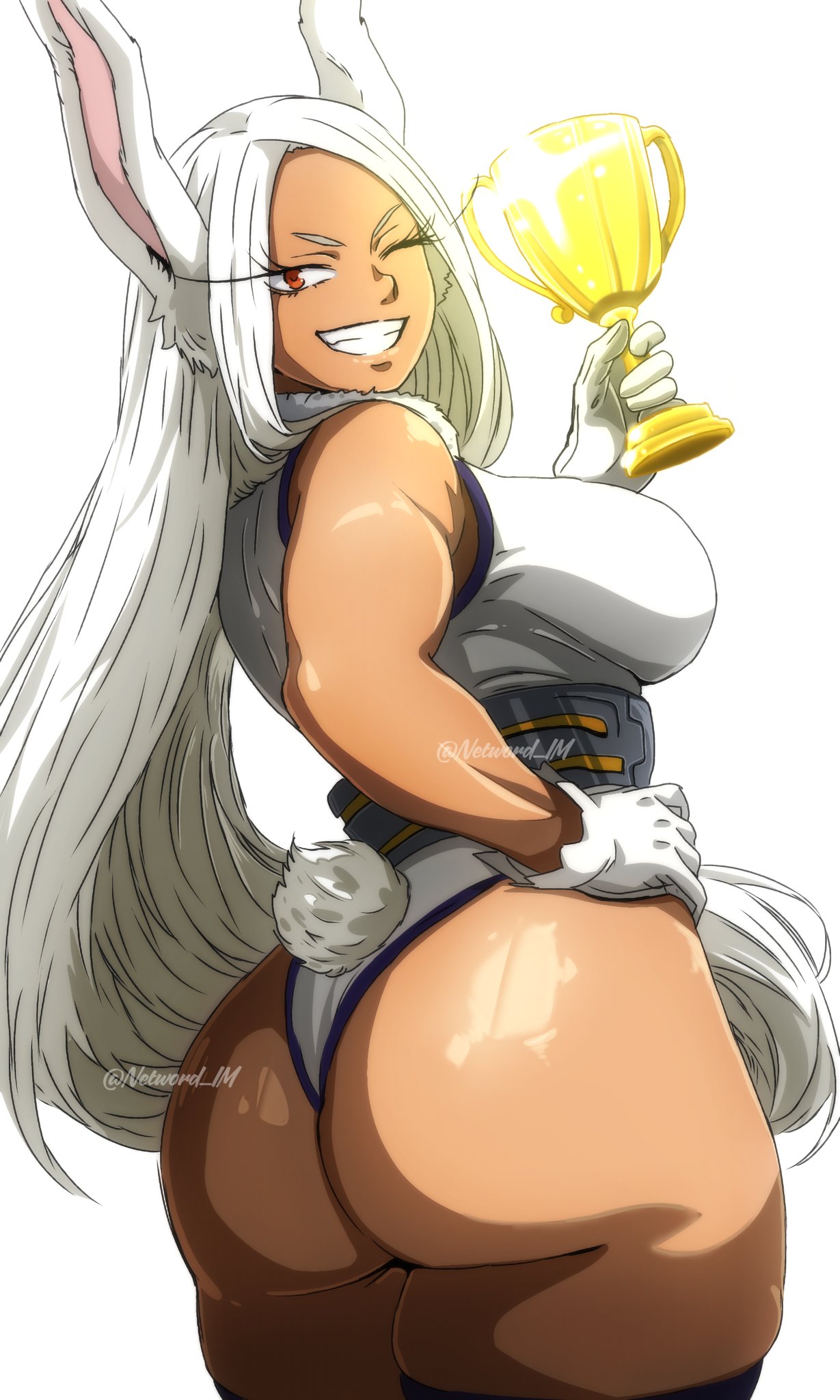 1girls, ass, ass focus, big ass, big breasts, bodysuit, boku no hero academia, breasts, bunny ears, bunny girl, bunny tail, dark skin, dark-skinned female, fat ass, female, female only, gloves, grin, hand on hip, holding object, huge ass, huge breasts, large breasts, leotard, long hair, looking back, mirko, miruko, muscular, muscular female, my hero academia, networdnn, rabbit ears, red eyes, smile, smug, solo, teasing, thick ass, thick thighs, tight clothing, trophy, white hair, wide hips, winking