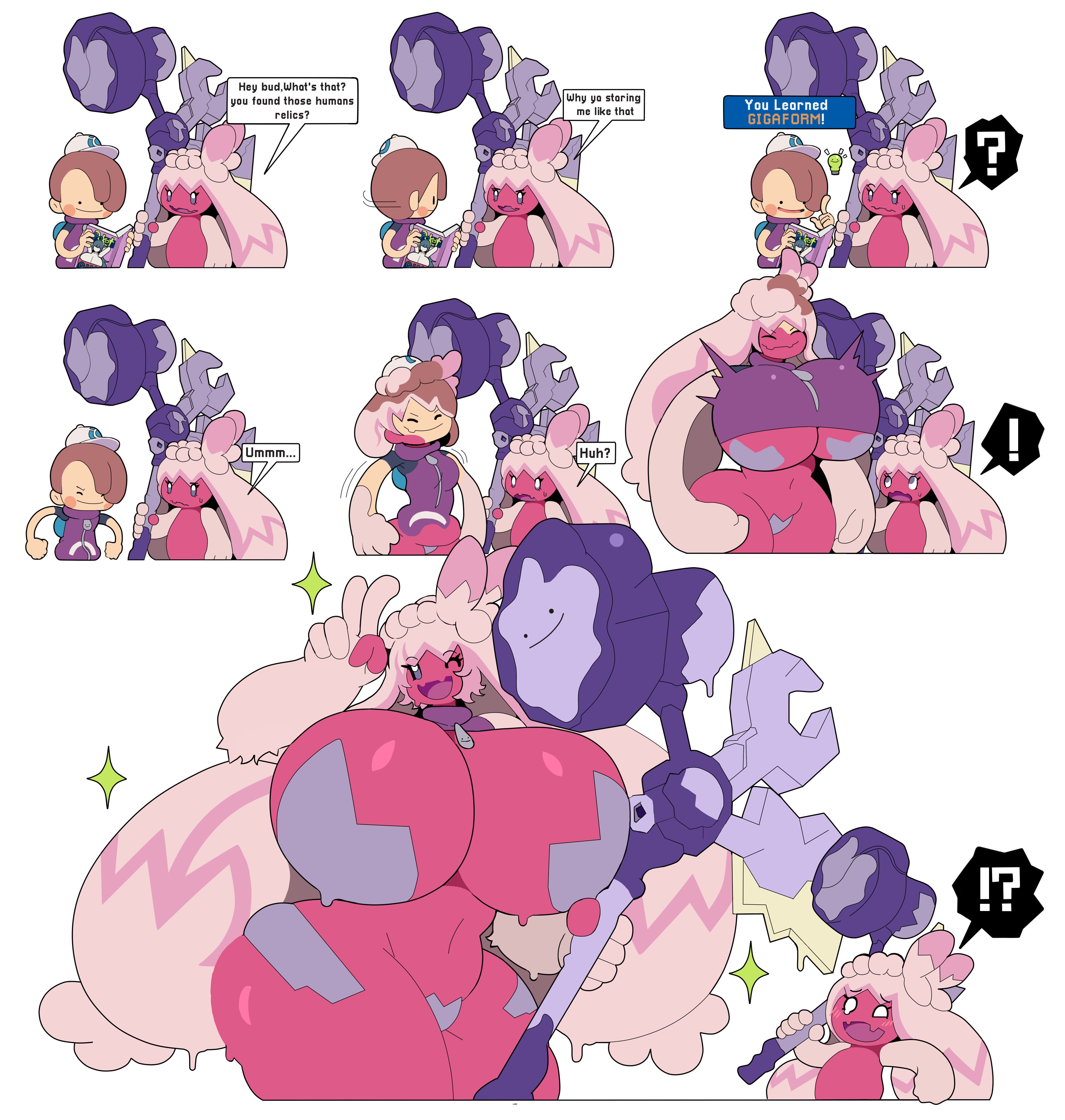 1boy, 2d, 2d (artwork), 2d artwork, 2girls, arm fur, belly, belly button, big breasts, big female, big hips, big thighs, bigger female, black eyes, breast expansion, breast growth, breast growth (enlargement), breasts, breasts bigger than head, breasts out, brown hair, bursting breasts, casualdemo, child bearing hips, choker, chubby, chubby anthro, chubby female, cleavage, clothed, clothing, cowboy shot, curvaceous, curvaceous female, curvaceous figure, curvy, curvy body, curvy female, curvy figure, curvy hips, dekanuchan, dialogue, ditto, ditto (pokemon pokopia), ditto (pokemon), ditto copied person, english, english dialogue, english text, expansion, expansion sequence, female, female focus, fur, game freak, genderswap (mtf), giant female, giantess, giantess growth, gigantic breasts, gigantic thighs, gigantification, gothic taco, growing, growth, growth sequence, hourglass figure, huge breasts, huge hips, huge thighs, hyper, hyper breasts, large breasts, large female, large hips, large thighs, larger female, light skin, long hair, macro, macro anthro, macro female, male to female, massive breasts, metamon, metamon (poco a pokemon), midriff, mini giantess, navel, nintendo, overflowing breasts, peace sign, pink body, pink hair, pink skin, poco a pokemon, pokemon, pokemon (species), pokemon pokopia, pokopia, rule 63, short female, short hair, shorter female, size difference, small female, smaller female, speech bubble, stomach, straight hair, tall female, taller female, text, thick, thick hips, thick legs, thick thighs, thigh expansion, thigh growth, thighs, thighs bigger than head, thighs bigger than torso, tinkaton, tinkmaster, transformed ditto, twintails, underboob, v, very long hair, voluptuous, voluptuous female, wide hips