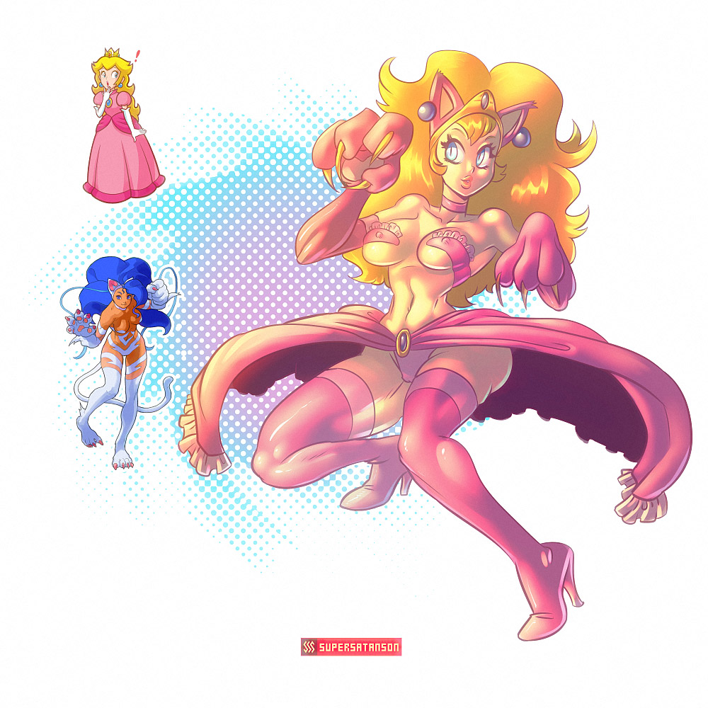 1girls breasts capcom clothing crossover darkstalkers dress felicia_(darkstalkers) female female_only full_body fur fusion high_heel_boots human hypothetical_fusion interspecies mario_(series) nintendo princess_peach revealing_clothes simple_background small_breasts solo standing stockings supersatanson thigh_boots