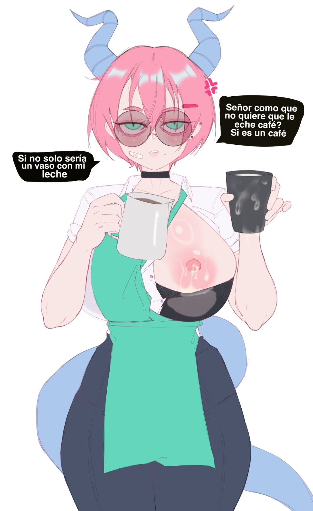1girls, annie (noboko k), apron, black pants, blue horns, blue tail, body fluids, coffee, female, female focus, female only, glasses, green apron, green eyes, half dressed, half naked, half-dressed, half-naked, horns, light green eyes, light skin, light-skinned female, milk, noboko k, oc, original character, pants, pink hair, spanish text, tail, text, white background, white shirt