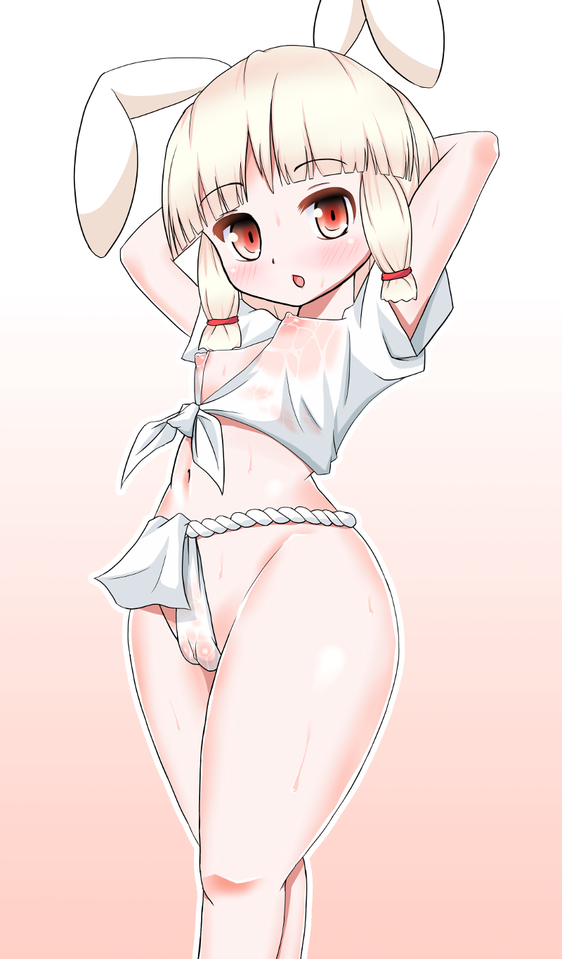 animal_ears blush breasts bunny_ears erect_nipples female fundoshi humanoid japanese_clothes lagomorph loincloth looking_at_viewer mammal nipples omochi pink_eyes plump_labia pose pussy pussy_juice raised_arm see-through simple_background skimpy small_breasts solo translucent white_hair yamakasa