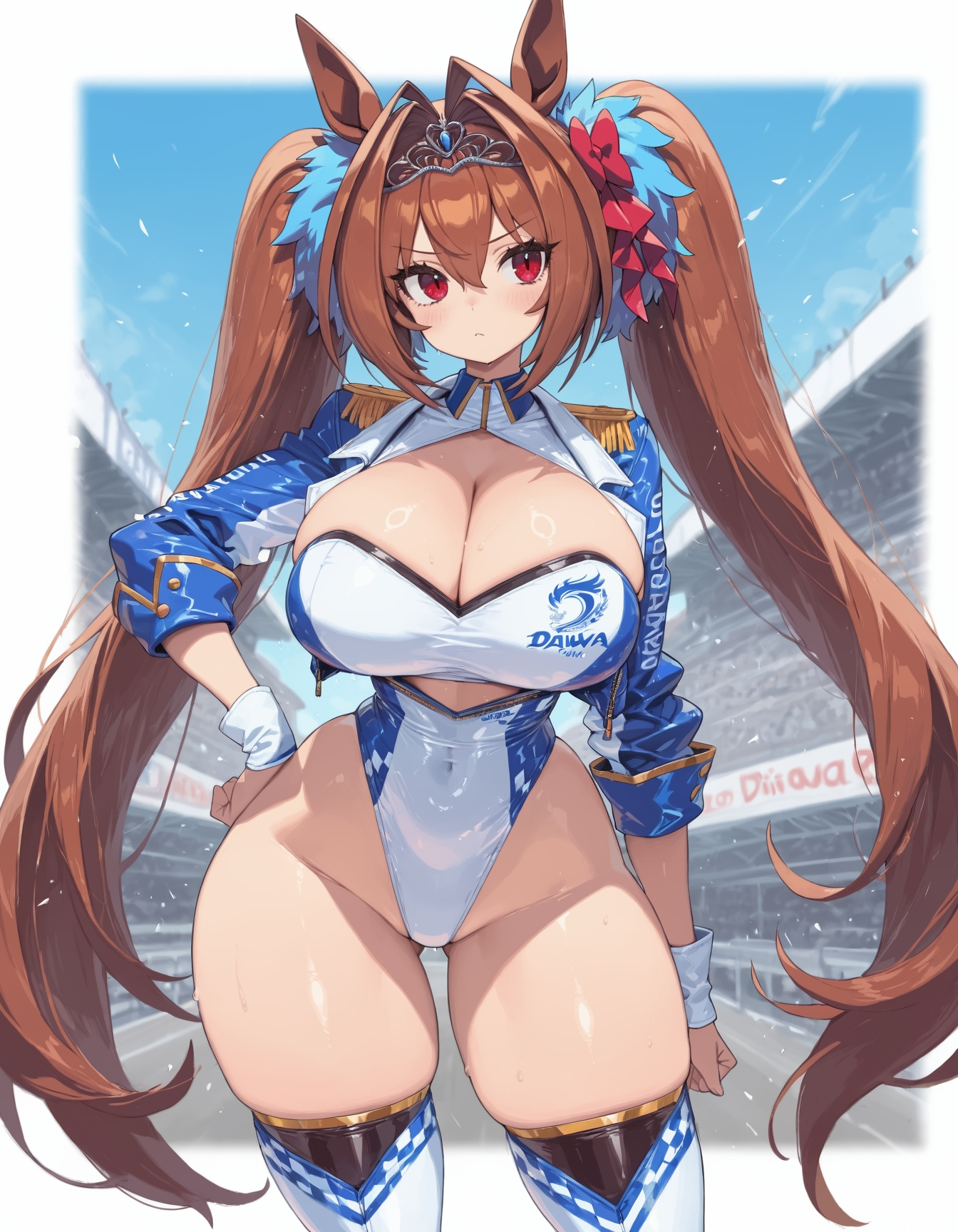ai generated, animal ears, breasts, daiwa scarlet (umamusume), female, groin, hips, horse girl, race queen, red eyes, ribbon in hair, skindentation, thighs, tiara, tuplet, twintails, umamusume, umamusume pretty derby