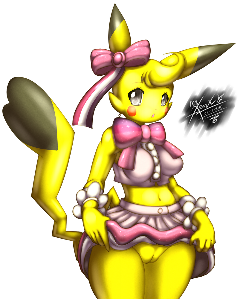 2015 anthro blush breasts clothing cosplay_pikachu female fur looking_at_viewer mammal mn_xenx navel nintendo open_mouth pikachu pikachu_pop_star pokemon pussy ribbons rodent simple_background skirt solo video_games yellow_fur