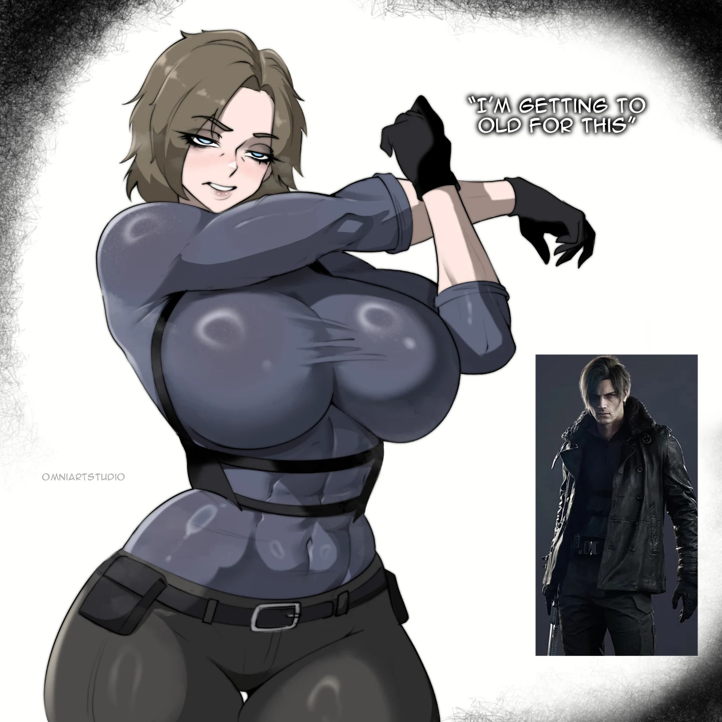 1girls, abs, big ass, big breasts, blonde hair, female, female only, genderswap (mtf), huge breasts, leon scott kennedy, omniartstudio, reference image, resident evil, resident evil 9: requiem, rule 63, skindentation, thick thighs, thigh gap, tight fit