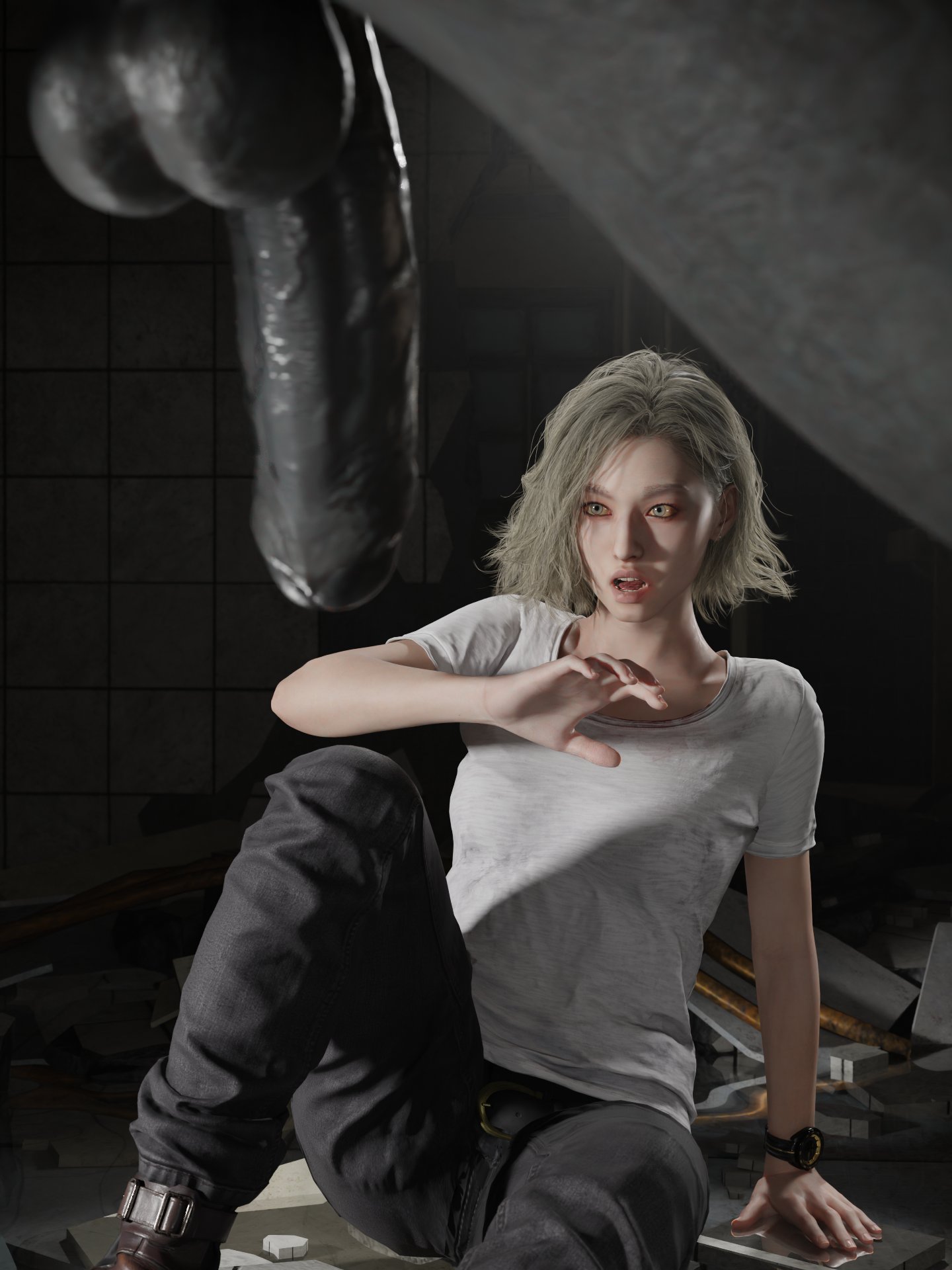 1boy, 1boy1girl, 1girls, 3d, 3d (artwork), balls, big balls, big penis, black pants, clothed female nude male, disembodied penis, duo, flaccid, flaccid penis, grace ashcroft, grace ashcroft (julia pratt), grey hair, grey skin, imminent rape, imminent sex, in-franchise crossover, large penis, looking at penis, mr x, pants, penis, penis awe, penis focus, quick e, resident evil, resident evil 2, resident evil 2 remake, resident evil 9: requiem, shocked, shocked expression, sitting, sitting on floor, small breasts, solo focus, straight, t-shirt, veiny penis, white t-shirt, wristwatch, yellow eyes
