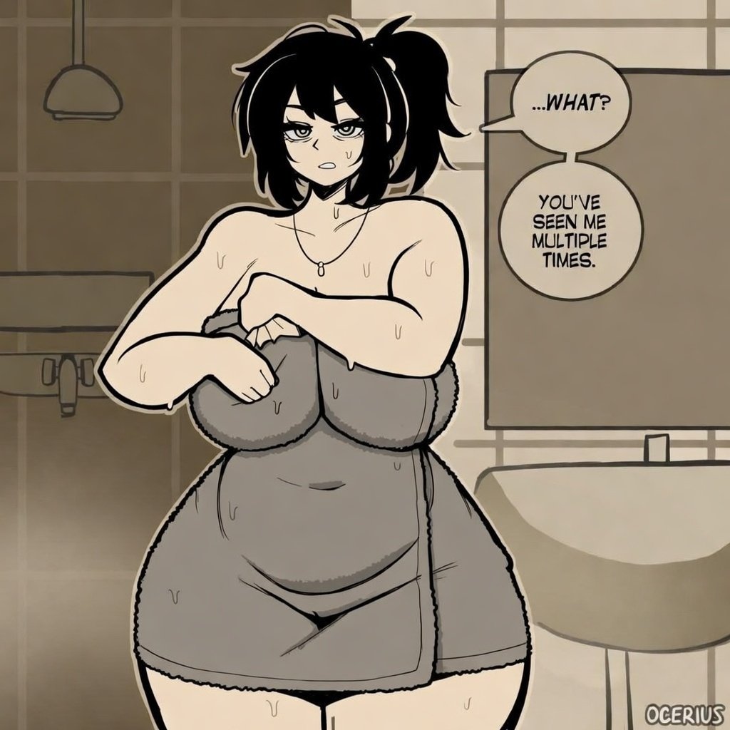 1girls, 2d, 2d (artwork), big breasts, black hair, black hair female, breasts, dialogue, english text, female, female focus, female only, hips, large boobs, large breasts, looking at viewer, milf, ocerius, renee graves, solo, solo female, solo focus, speech bubble, talking to viewer, text, the coffin of andy and leyley, thick thighs, thighs, towel, wet, wet body, wide hips, wife