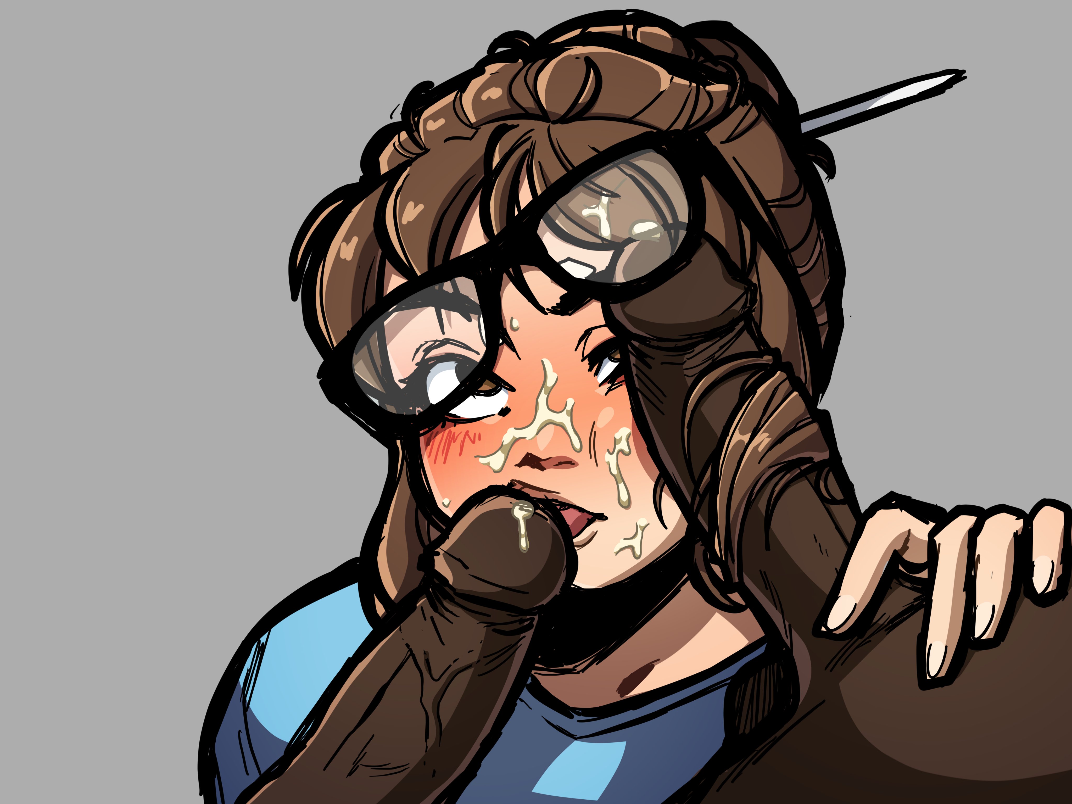 alternate version available, anonymous male, blowjob, chubby, chubby female, colored, cum, cum on face, cum on hair, dark skin, dark-skinned male, double blowjob, double handjob, edit, glasses, goldsden, interracial, lakygt, looking up, mei (overwatch), overwatch, ykaltg