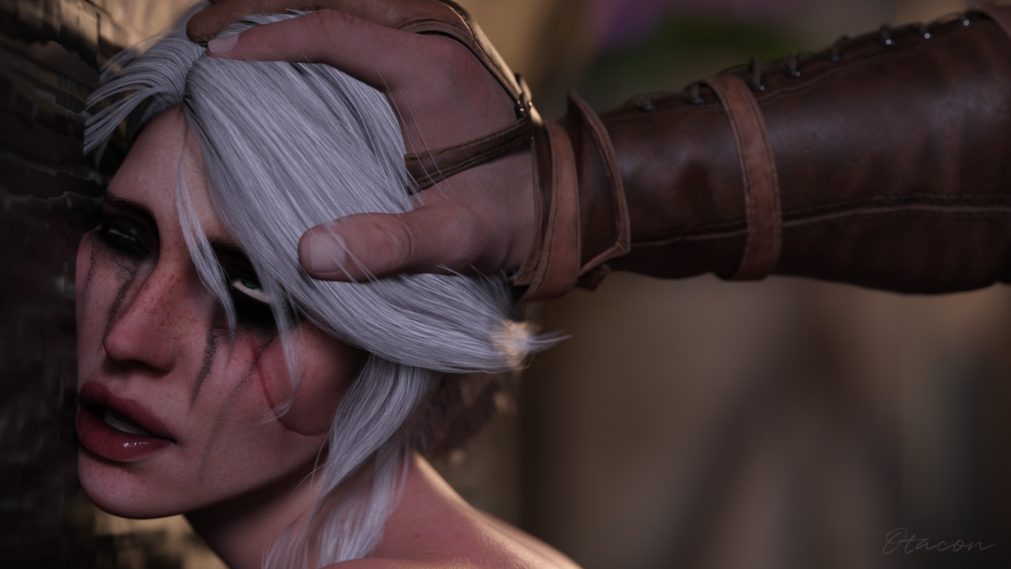 3d, cd projekt red, ciri, female, freckles, green eyes, head grab, light skin, light-skinned female, light-skinned male, male, mascara, mascara tears, otacon212, penetration, running mascara, runny makeup, scar, sex, the witcher (series), the witcher 3: wild hunt, vaginal penetration, white hair